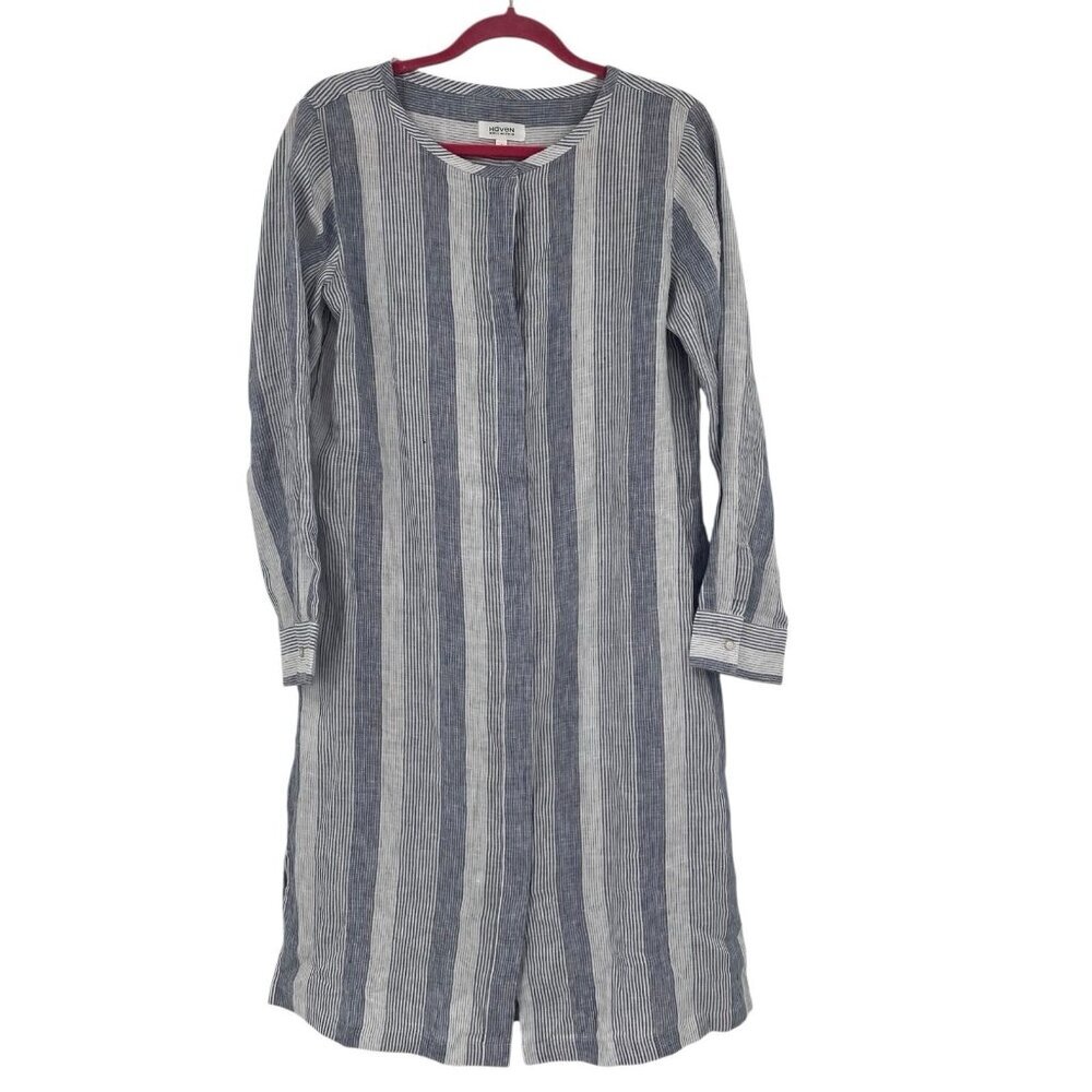 Haven Well Within Women's Small 100% Linen Shirt Dress Striped Blue Missing Belt